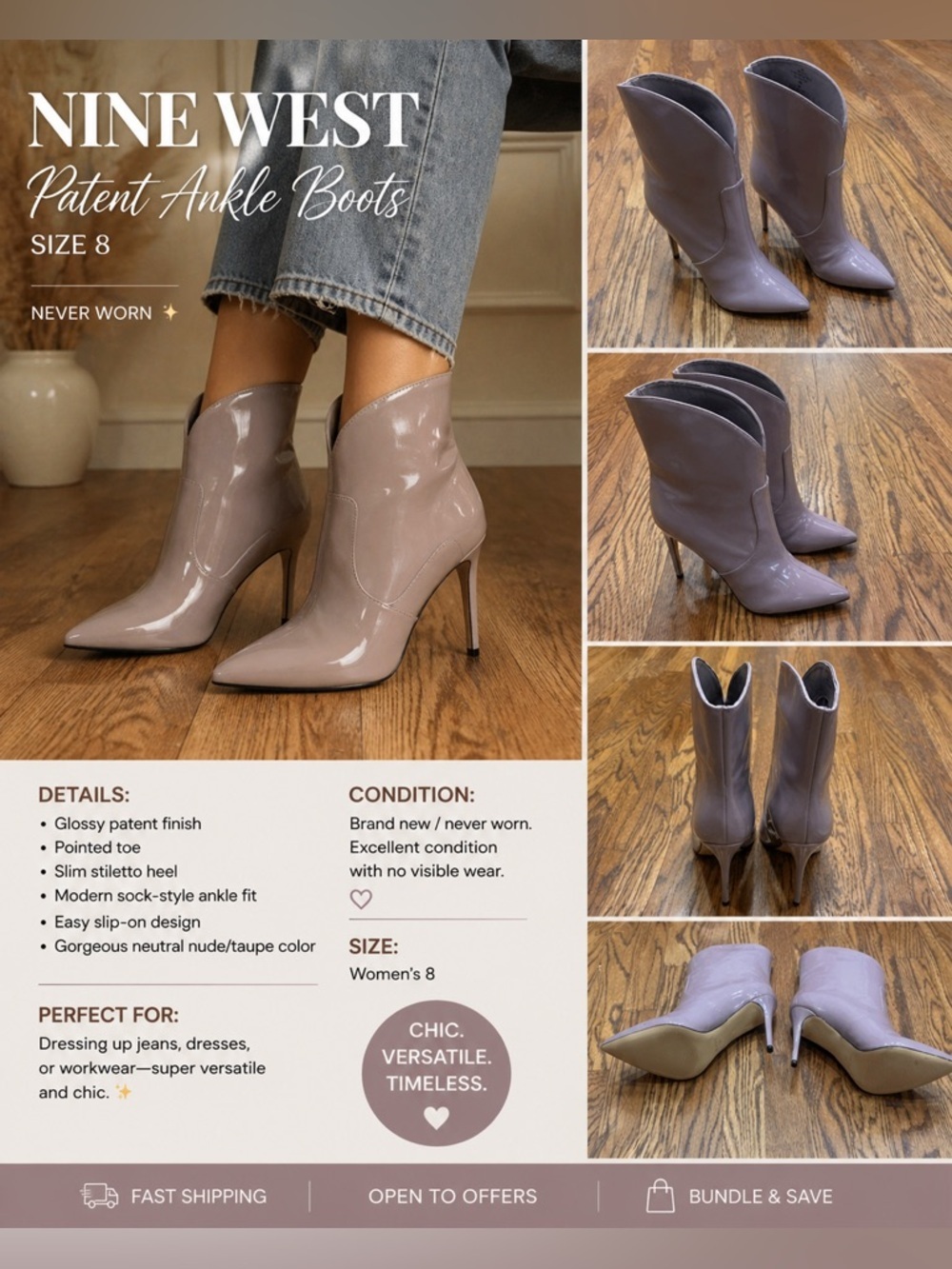 Nine West Nude Patent Ankle Boots Size 8 Pointed Toe Stiletto Heel